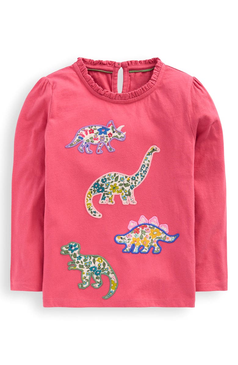 Mini Boden Kids' Frill Neck Long Sleeve Appliqué T-Shirt, Main, color, Rose Pink Dinosaurs