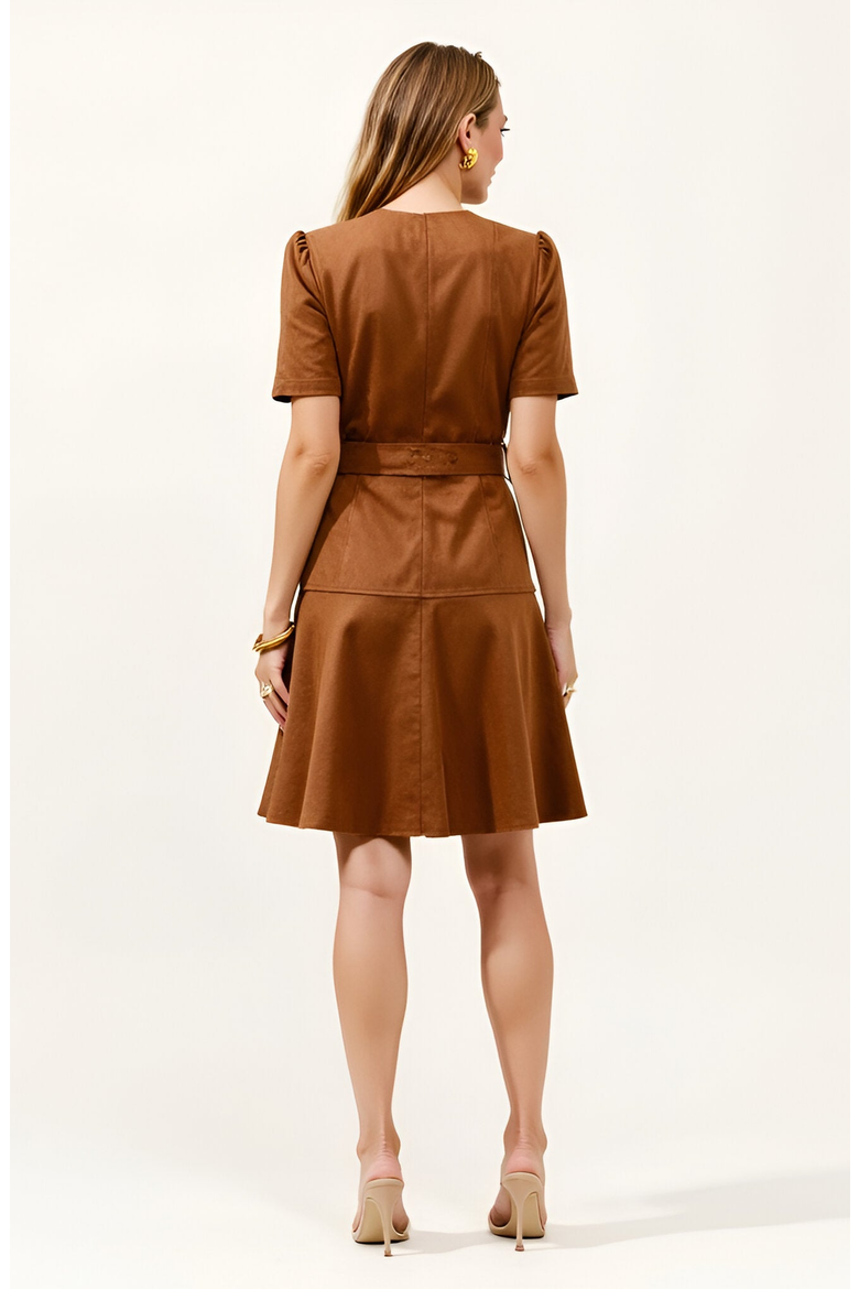 Short Sleeve Mini Dress with Belted Waist and Utility Pockets, Alternate, color, Brown