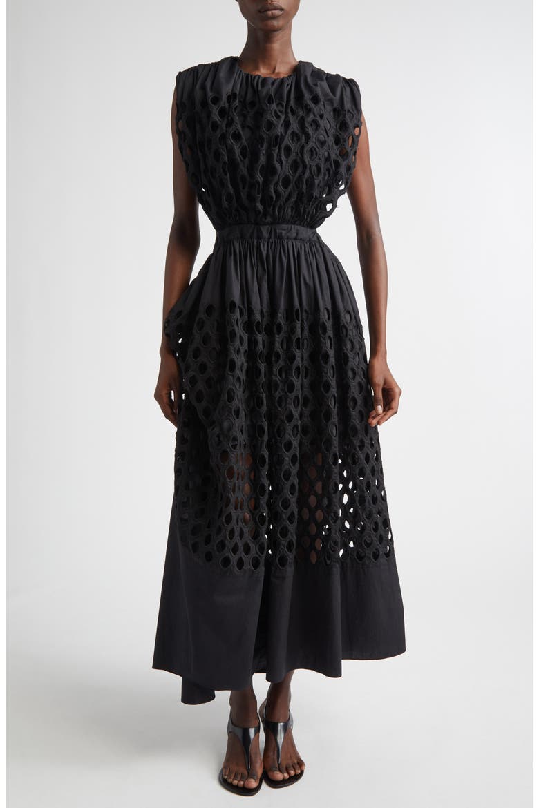Peplos Cotton Eyelet Dress, Main, color, BLACK