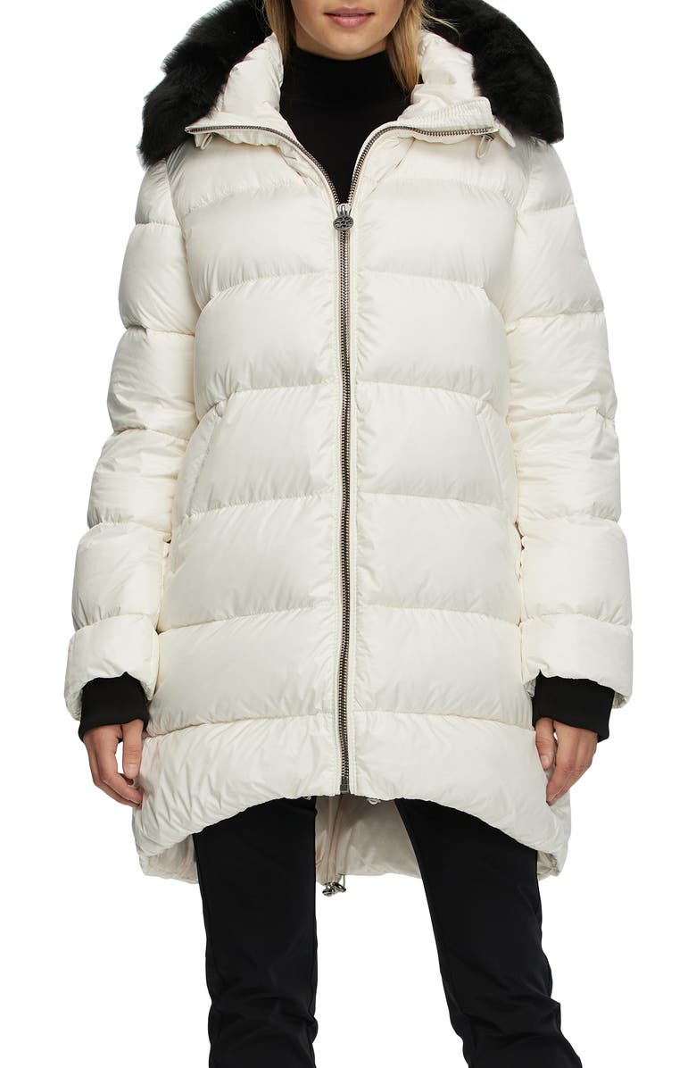 GORSKI Apres-Ski Horizontal Jacket with Detachable Genuine Shearling Hood Trim, Main, color, Ivory/Black