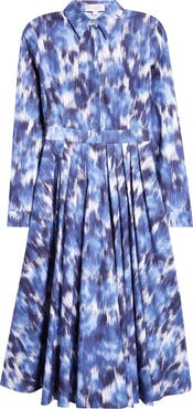 Michael Kors Collection Watercolor Floral Long Sleeve Cotton Poplin Midi Shirtdress