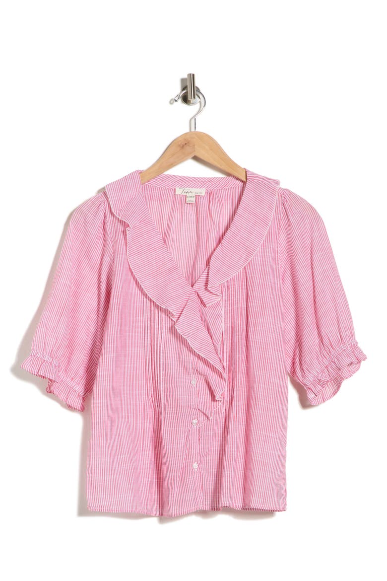 Ruffled Button-Up Shirt, Alternate, color, RED TULIP