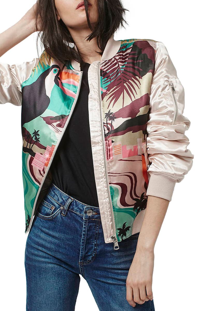 Topshop 'Rio Parrot' MA1 Bomber Jacket, Main, color, 