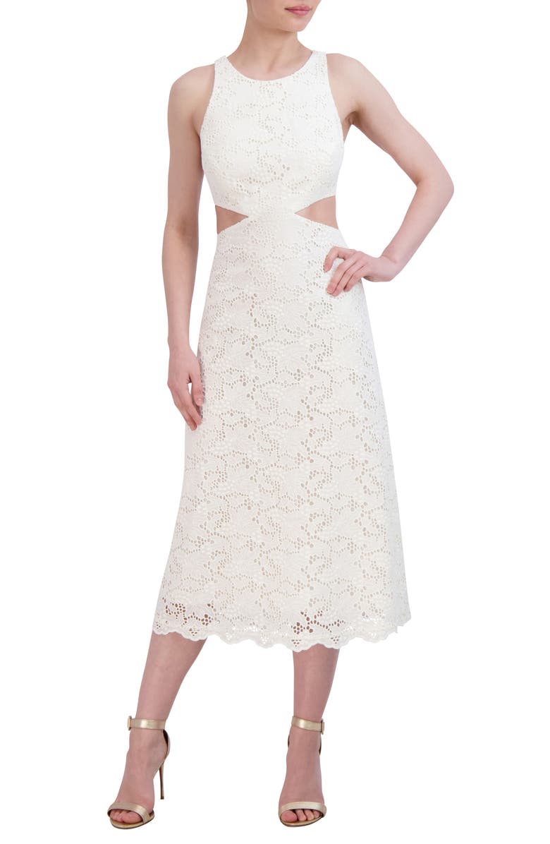 BCBGMAXAZRIA Embroidered Cutout Eyelet A-Line Dress, Main, color, 