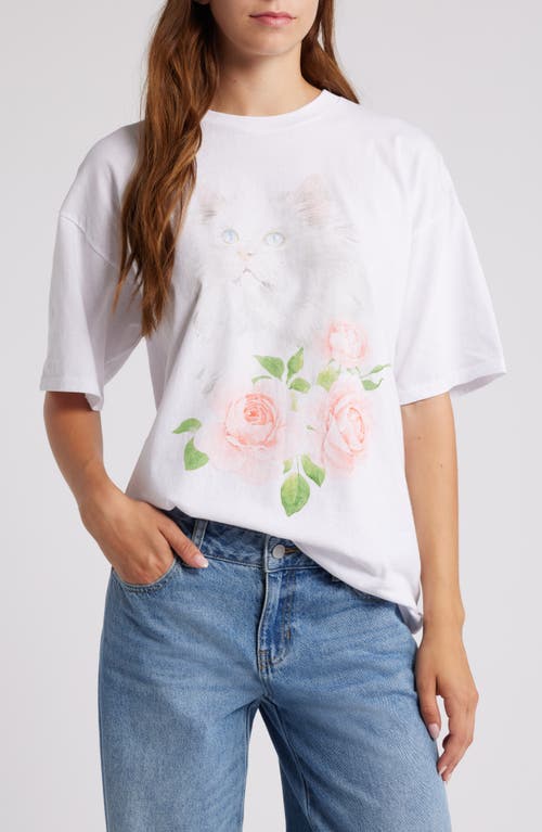 GOLDEN HOUR White Cat Roses Cotton Graphic T-Shirt in Washed Bright White 