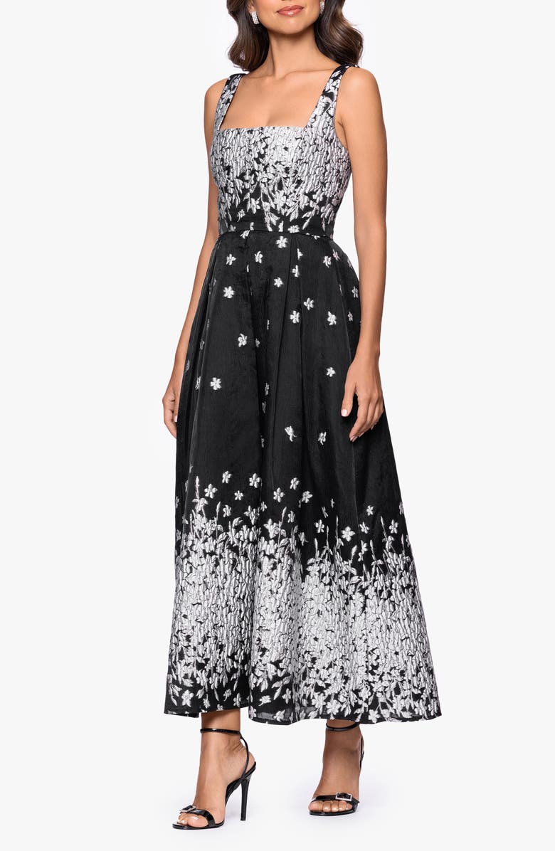 Betsy & Adam Metallic Floral Gown, Alternate, color, Silver/ Black