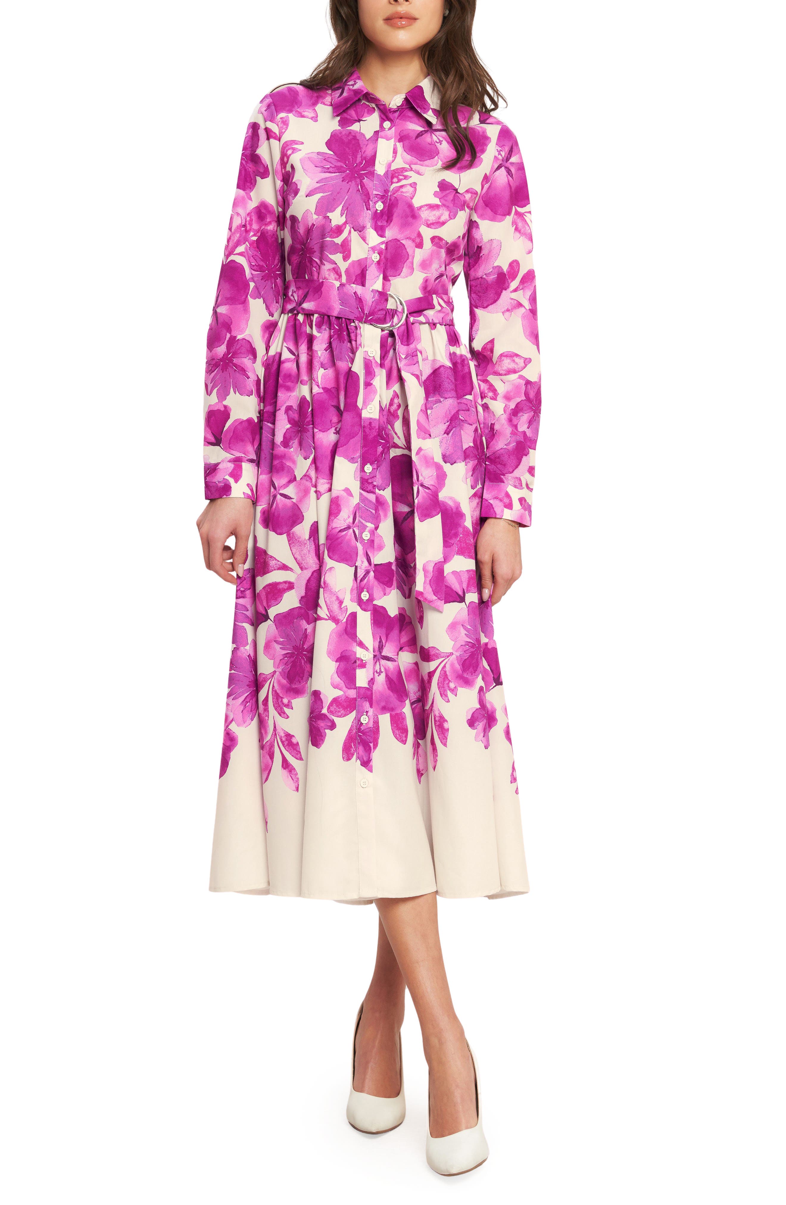 FLYING TOMATO Floral Long Sleeve Midi Shirtdress