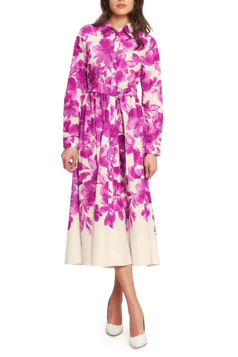 Floral Long Sleeve Midi Shirtdress, Main, color, IVORY FUCHSIA FLORAL