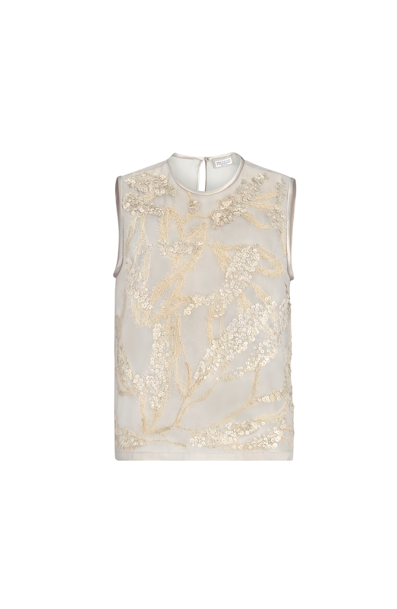 Brunello Cucinelli Top with dazzling seabed embroidery, Alternate, color, Beige