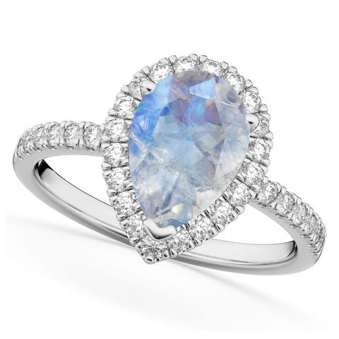 Pear Cut Halo Moonstone & Diamond Engagement Ring 14K