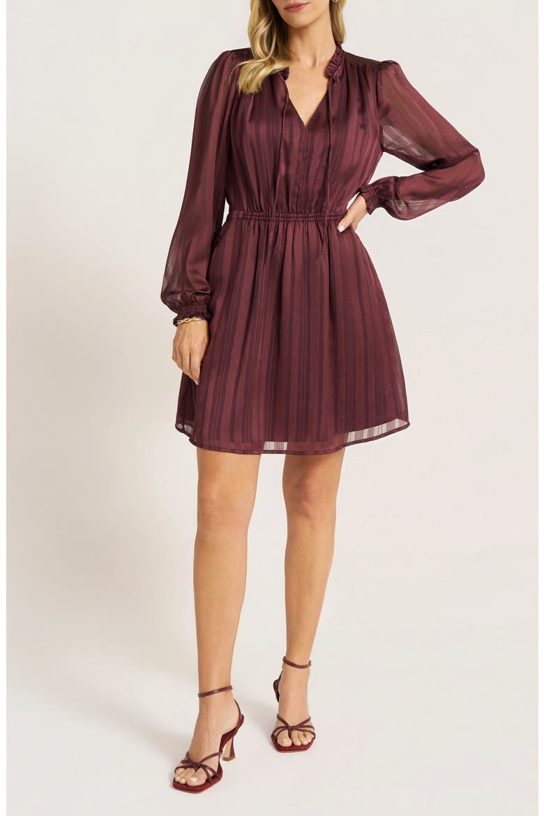 Metallic Stripe Ruffle Neck Fit & Flare Dress, Main, color, LICORICE