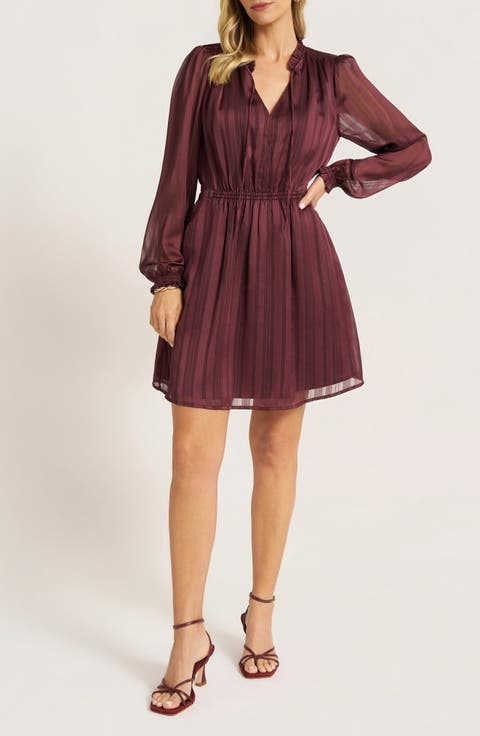 Metallic Stripe Ruffle Neck Fit & Flare Dress