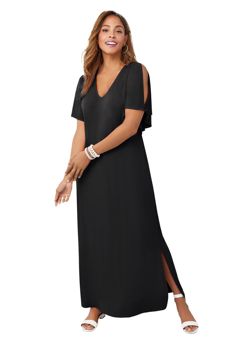 Jessica London Stretch Knit Cold Shoulder Maxi Dress, Main, color, Black