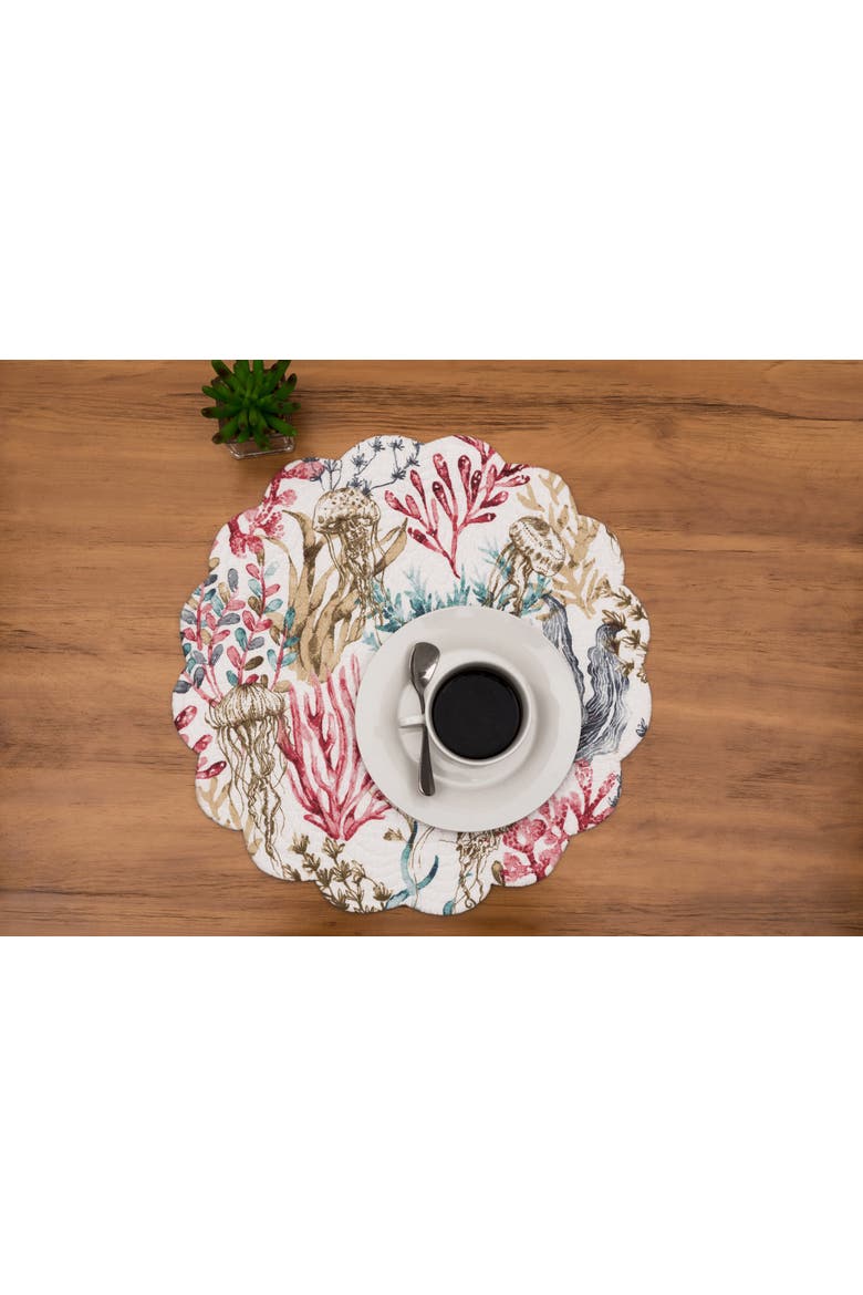 Delphina Reef Round Cotton Placemat Machine Washable Set of 6, Alternate, color, White
