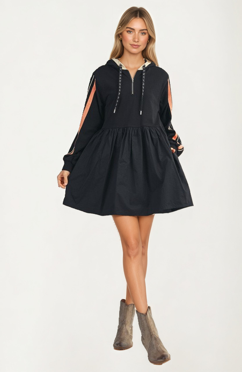 Knit and Lounge Sporty Hoodie Mini Dress with Half Zip and Contrast Sleeve Stripes, Alternate, color, Black