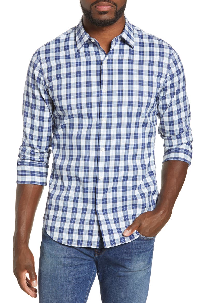 Slim Fit Plaid Button-Up Tech Shirt, Main, color, LODI BLUE DEPTHS