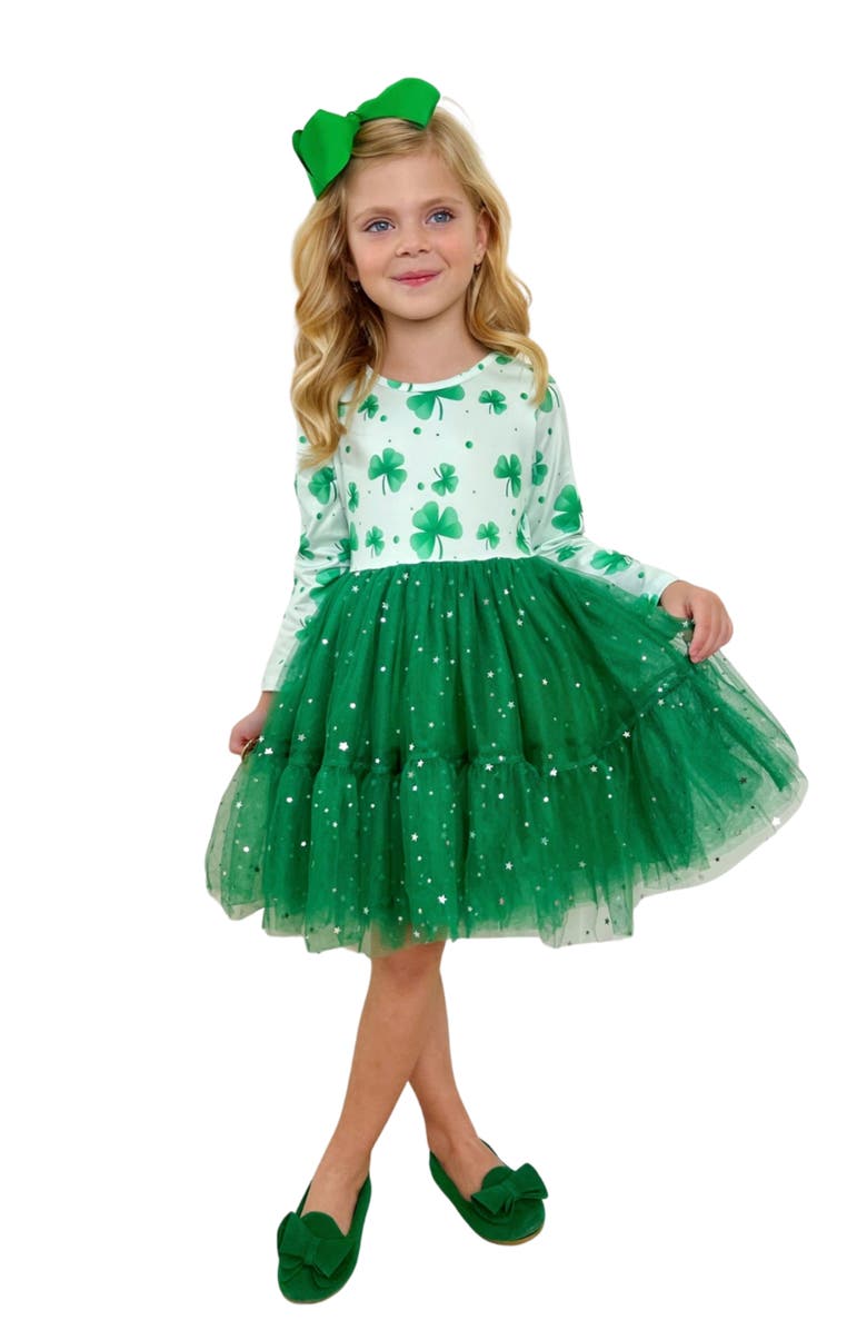 Mia Belle Girls My Lucky Girl Clover Print Tutu Dress, Main, color, Green