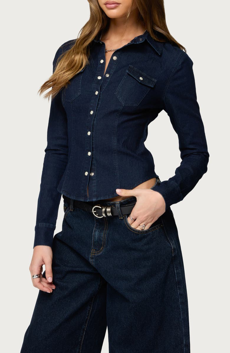 EDIKTED Shylo Fitted Denim Snap-Up Shirt, Alternate, color, Dark-Blue-Washed