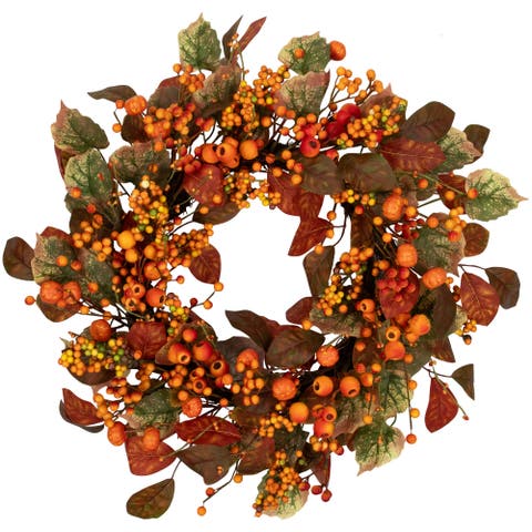 Mini Gourds and Berries Artificial Fall Harvest Wreath - 24" - Orange and Green - Unlit