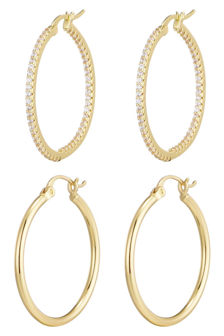 Set of 2 Cubic Zirconia Hoop Earrings, Main, color, GOLD