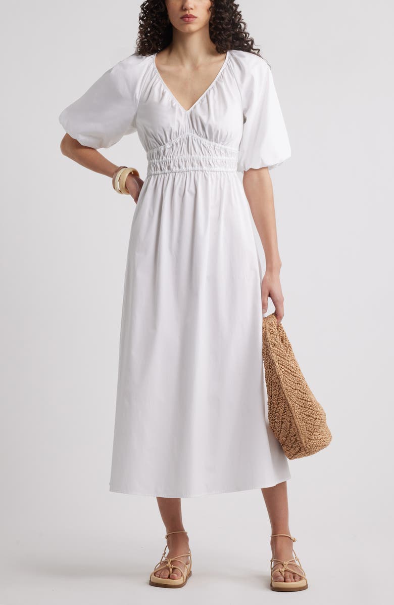 Nordstrom Puff Sleeve Cotton Poplin Dress, Alternate, color, White