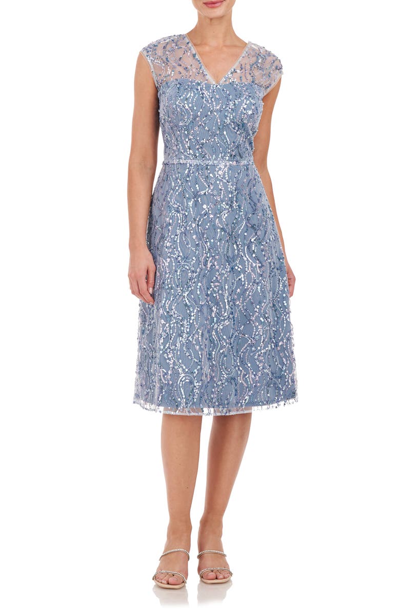 JS Collections Jay Sequin Illusion Neck Cocktail Dress, Main, color, Baby Blue
