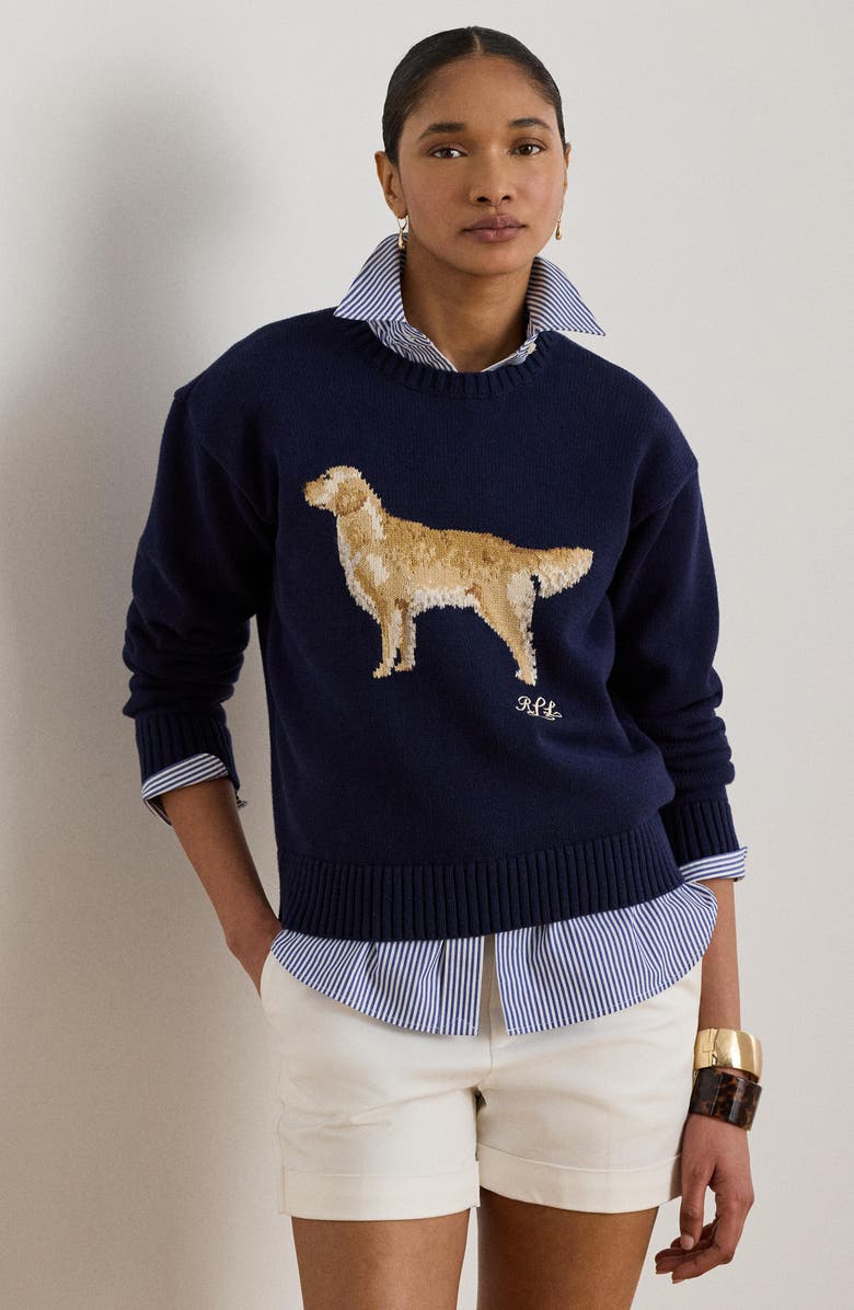 Lauren Ralph Lauren Golden Retriever Intarsia Cotton Sweater, Alternate, color, Refined Navy Blue/ Multi