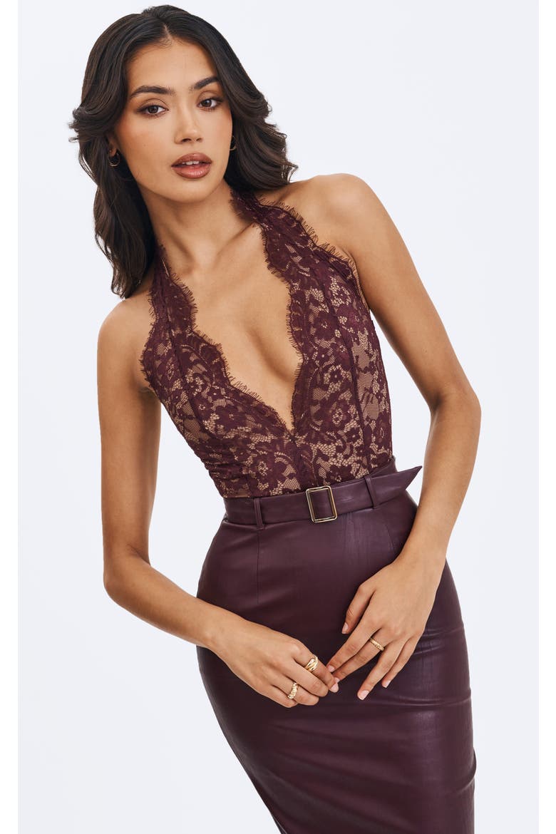 Fiera Plunging Halter Belted Midi Dress, Alternate, color, Mahogany