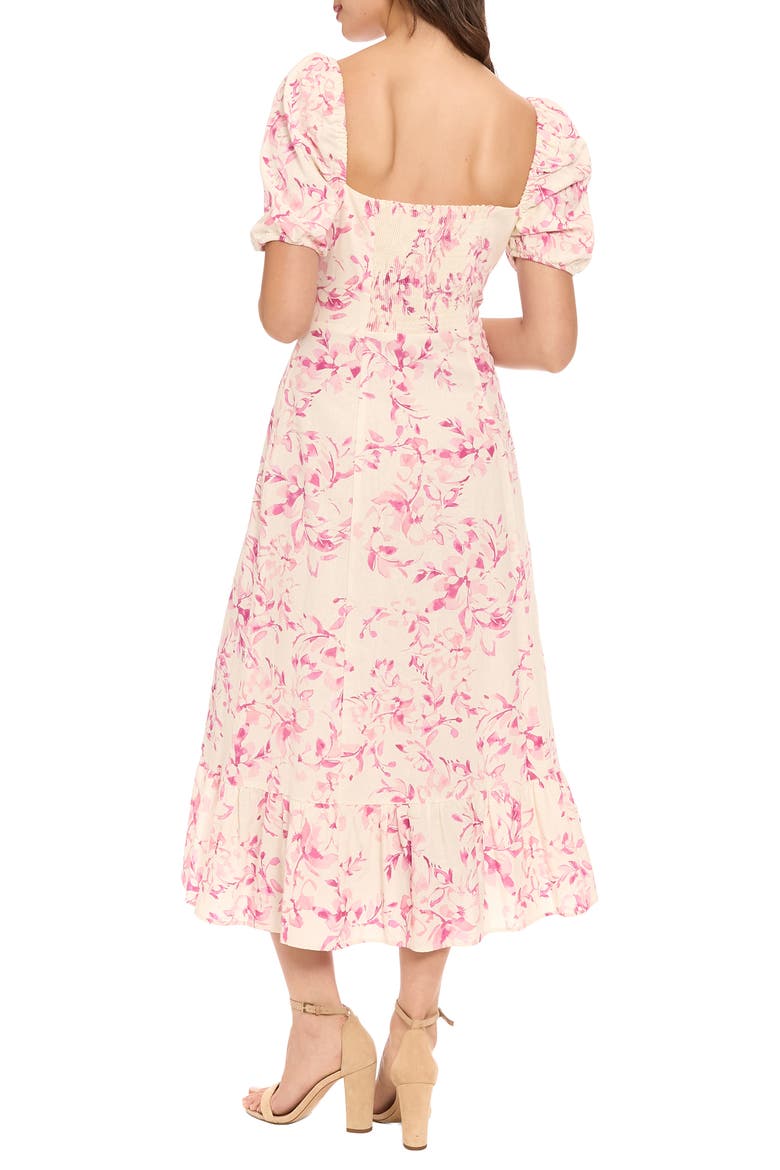 Floral Puff Sleeve Linen Blend Midi Dress, Alternate, color, IVORY/ RASPBERRY PINK
