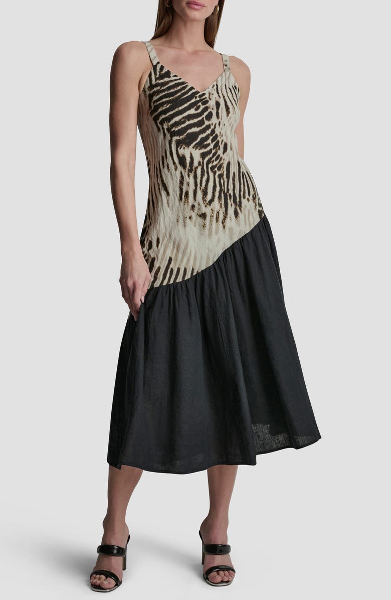 DKNY Colorblock Asymmetric Flounce Linen Dress, Alternate, color, Brushed Sandbed/ Black