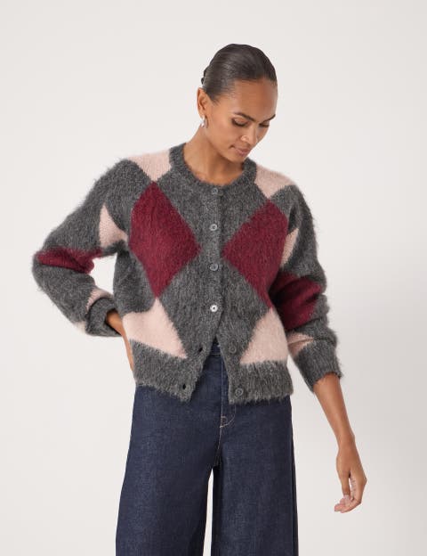 Brushed Argyle Knitted Cardigan
