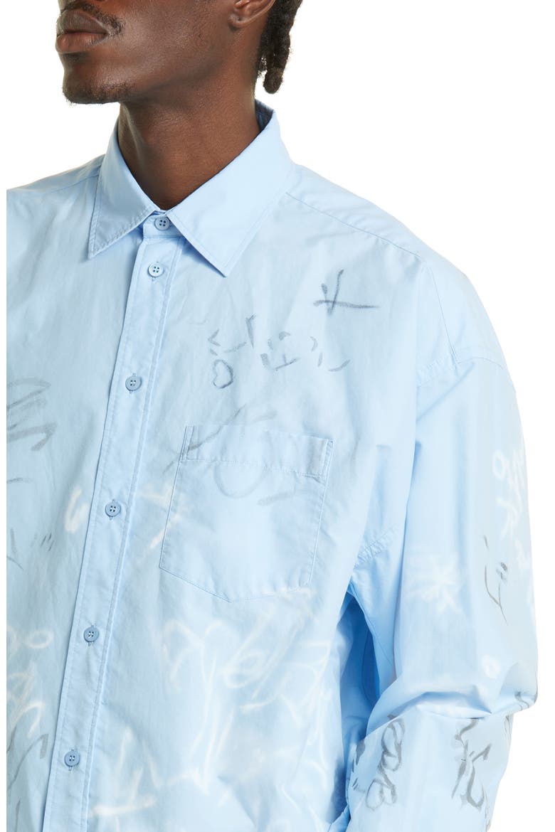 Gender Inclusive Graffiti Print Oversize Cotton Poplin Button-Up Shirt, Alternate, color, SKY BLUE