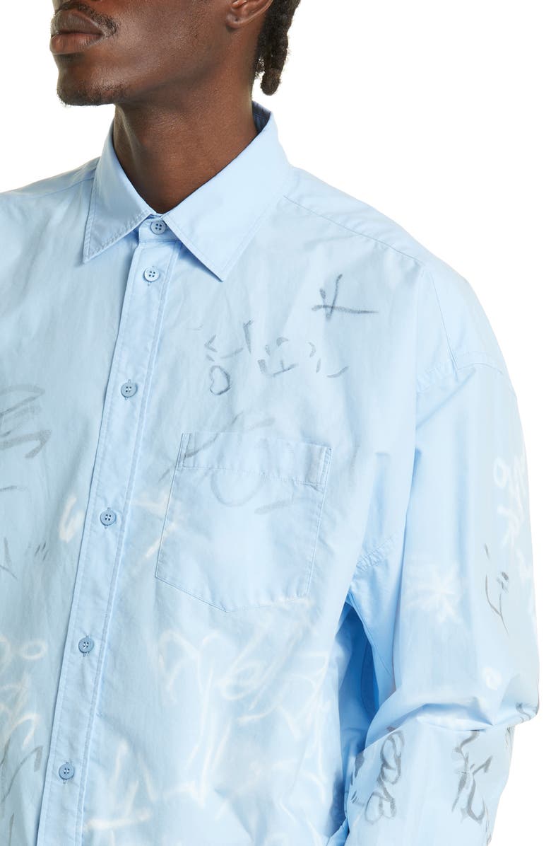 Balenciaga Gender Inclusive Graffiti Print Oversize Cotton Poplin Button-Up Shirt, Alternate, color, 