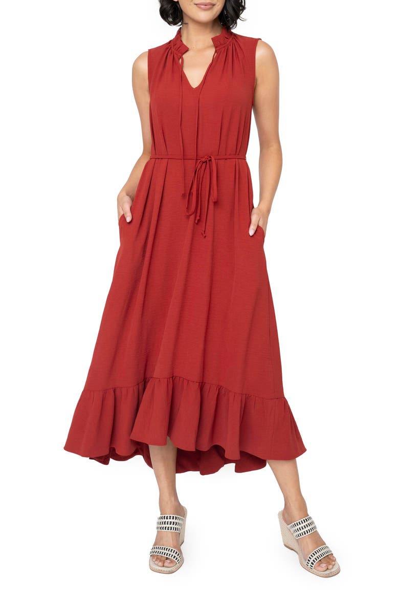 Sienna Split Neck Tie Waist Ruffle Hem High-Low Dress, Main, color, RUST