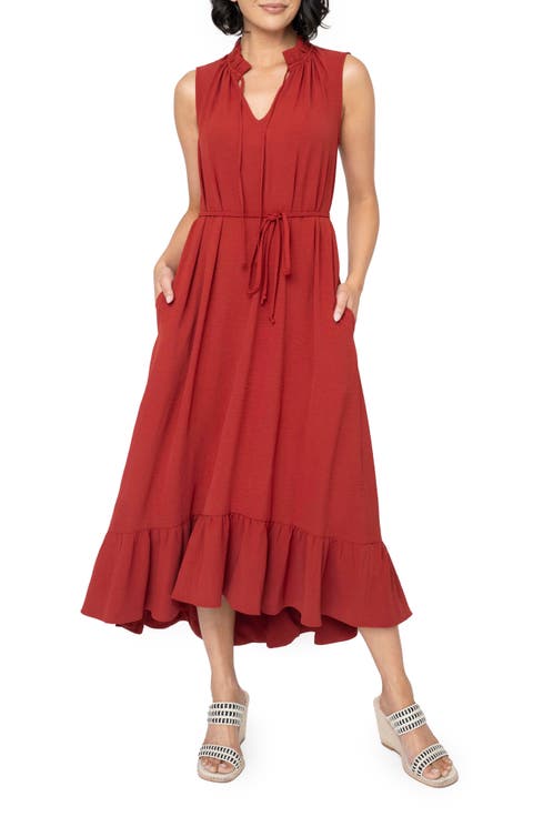 Sienna Split Neck Tie Waist Ruffle Hem High-Low Dress