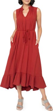 GIBSONLOOK Sienna Split Neck Tie Waist Ruffle Hem High-Low Dress