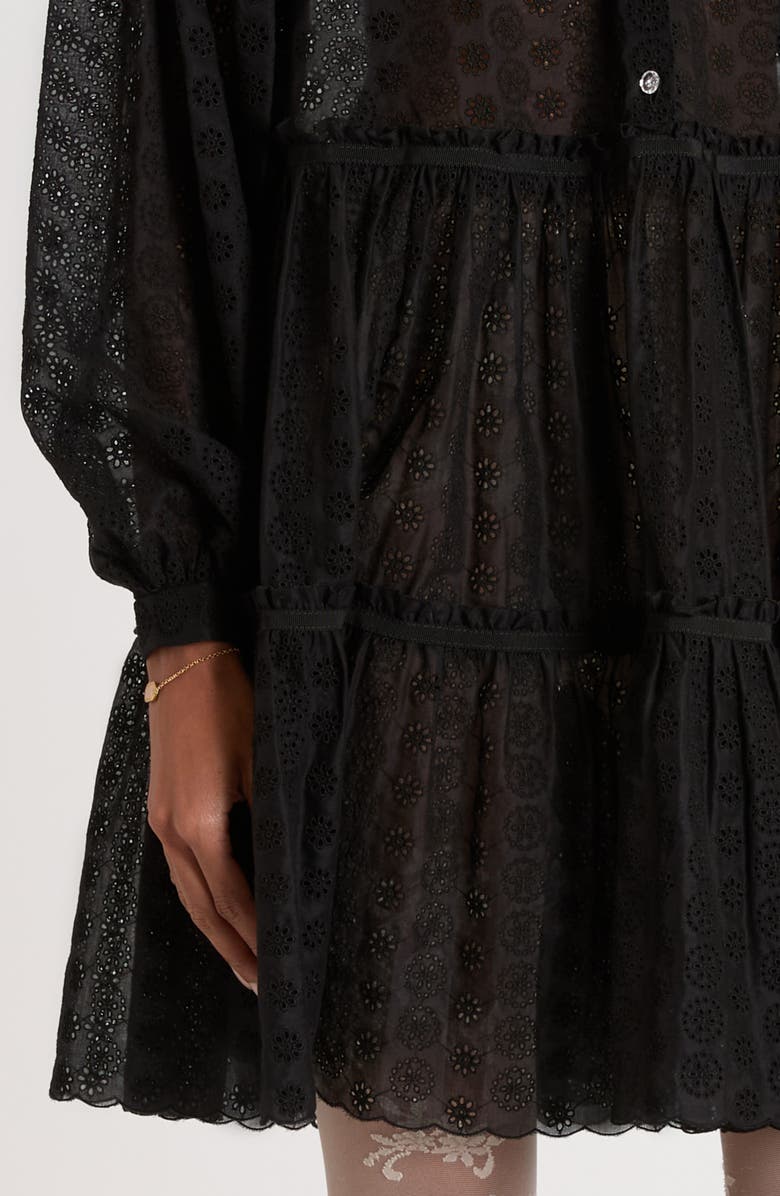 Valentino Garavani Daisy Eyelet Tiered Long Sleeve Dress, Alternate, color, Black