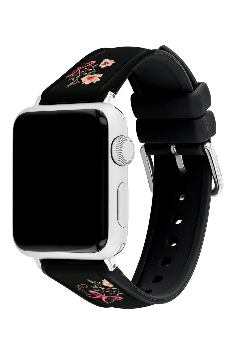 Floral Print Silicone Apple Watch® Watchband, Alternate, color, BLACK