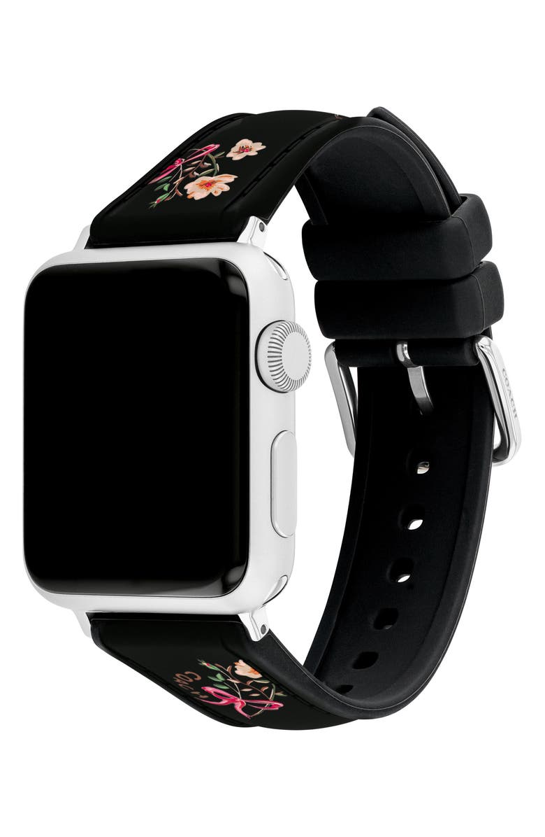 COACH Floral Print Silicone Apple Watch<sup>®</sup> Watchband, Alternate, color, Black