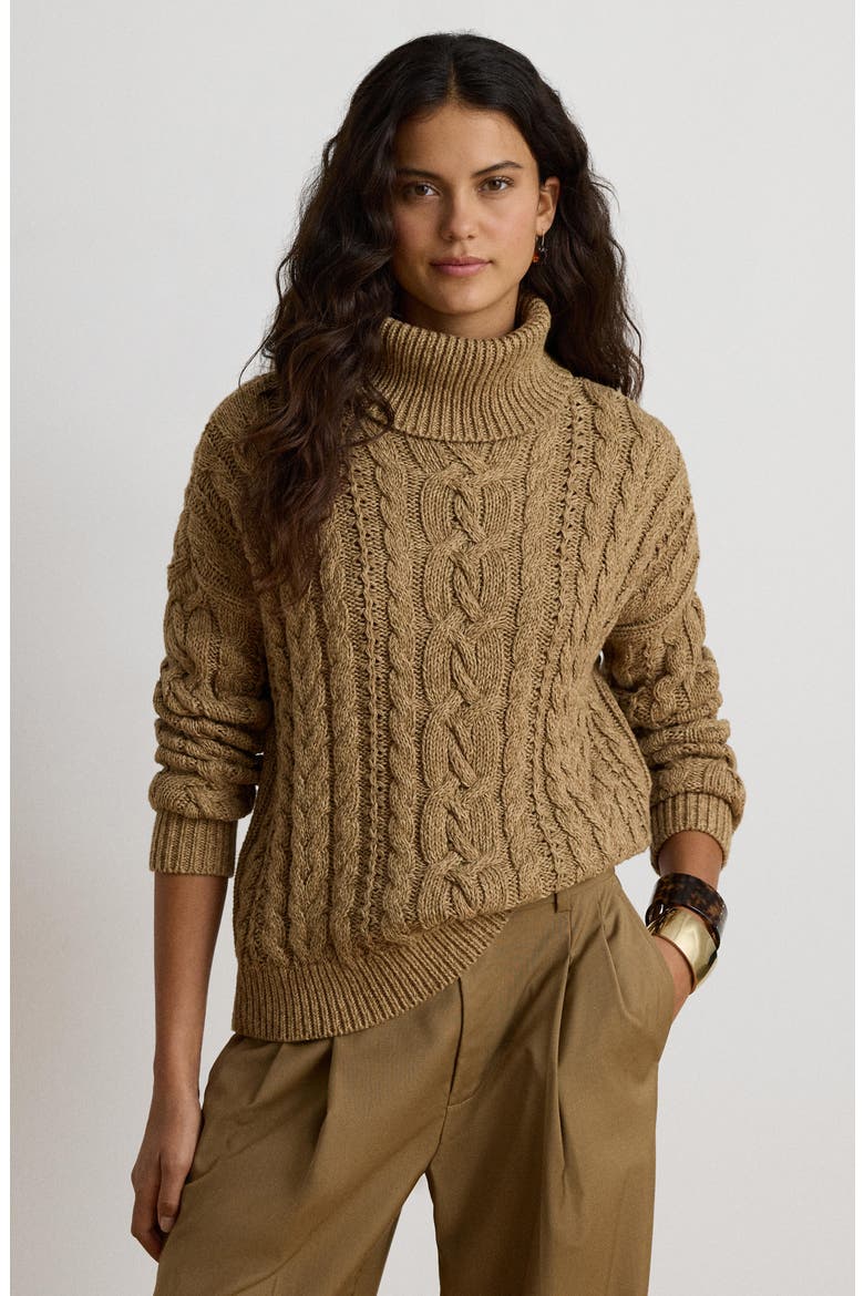 Cable Knit Cotton Turtleneck Sweater, Alternate, color, BROWN