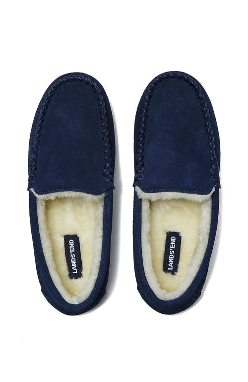 Lands' End Fuzzy Lined Suede Moccasin Slippers In Radiant Navy Suede
