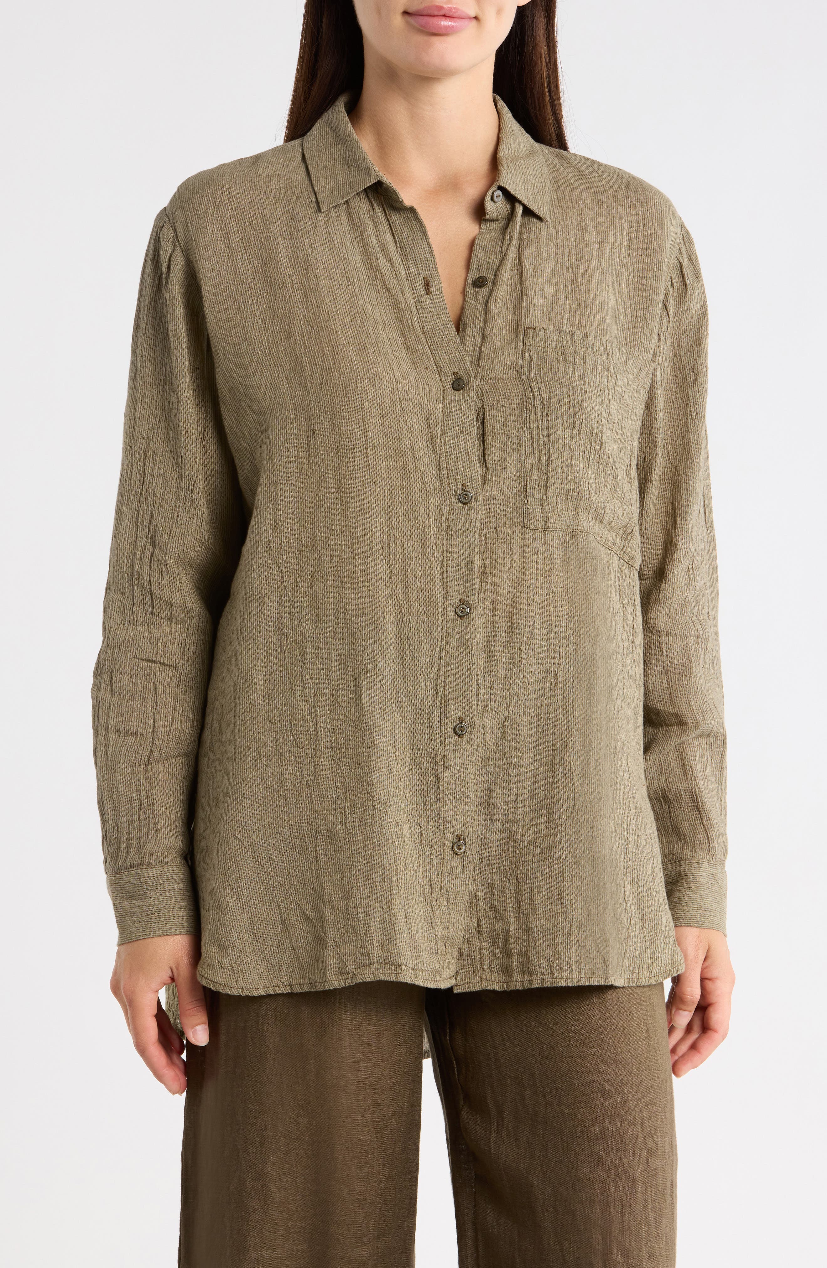 Eileen Fisher Classic Collar Oversize Organic Linen Button-Up Shirt