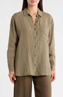 Eileen Fisher Classic Collar Oversize Organic Linen Button-Up Shirt