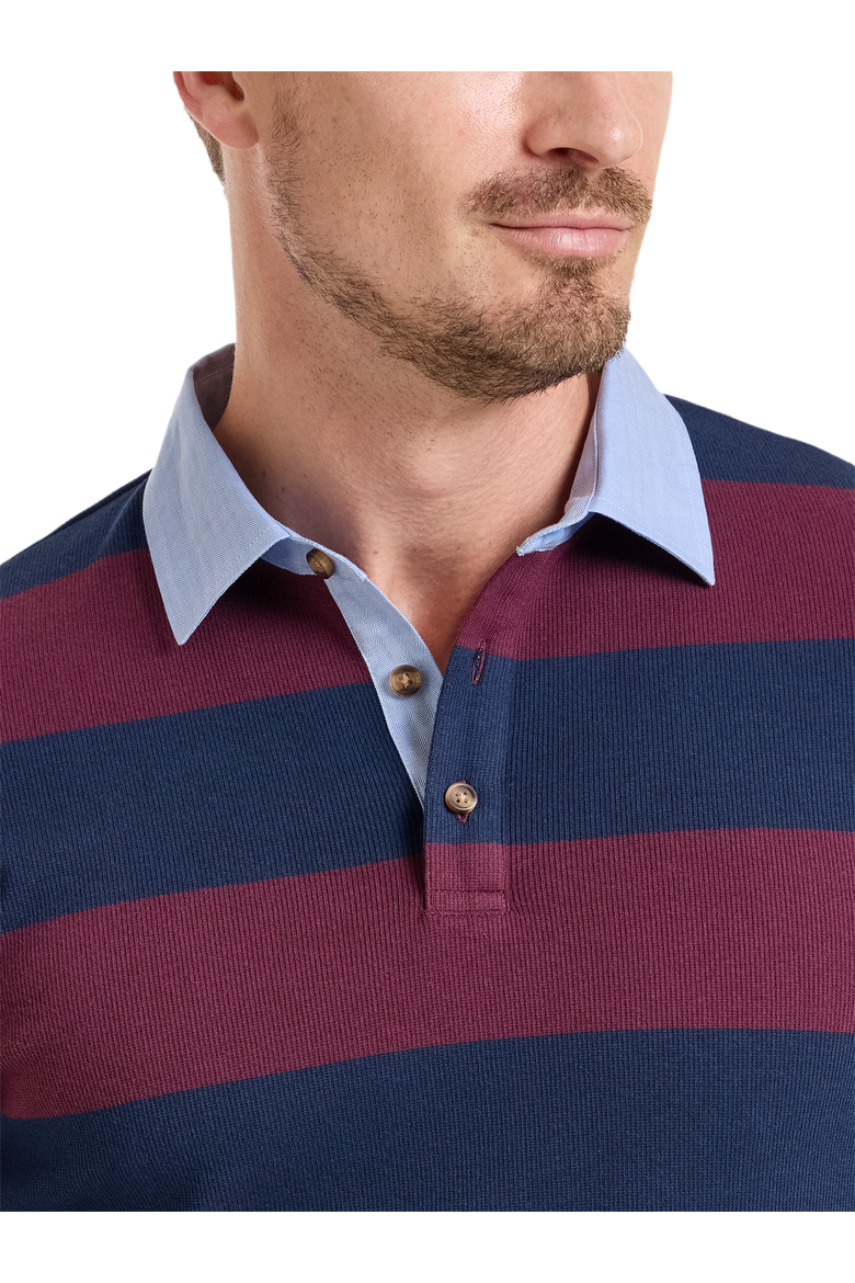 Long Sleeve Cotton/Polyester 3-Button Polo With Woven Collar, Alternate, color, Navy/Burgundy