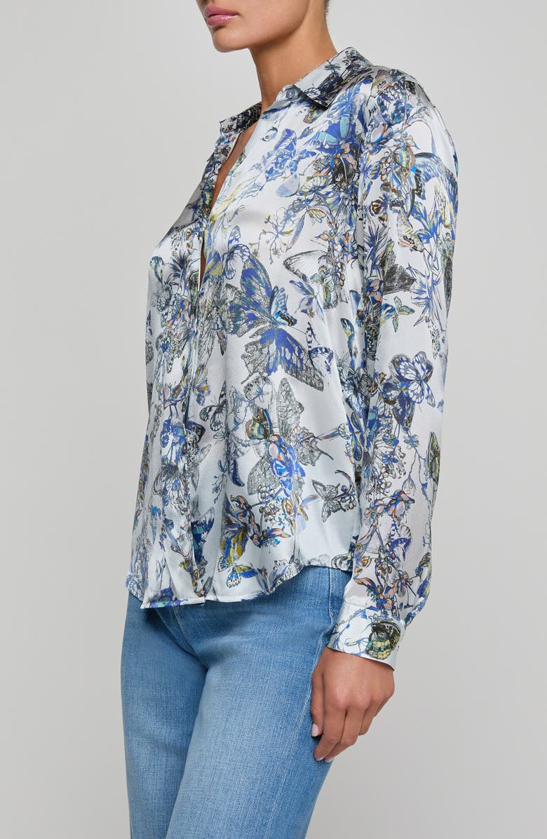 L'AGENCE Tyler Butterfly Print Silk Button-Up Shirt, Alternate, color, Multi Blue