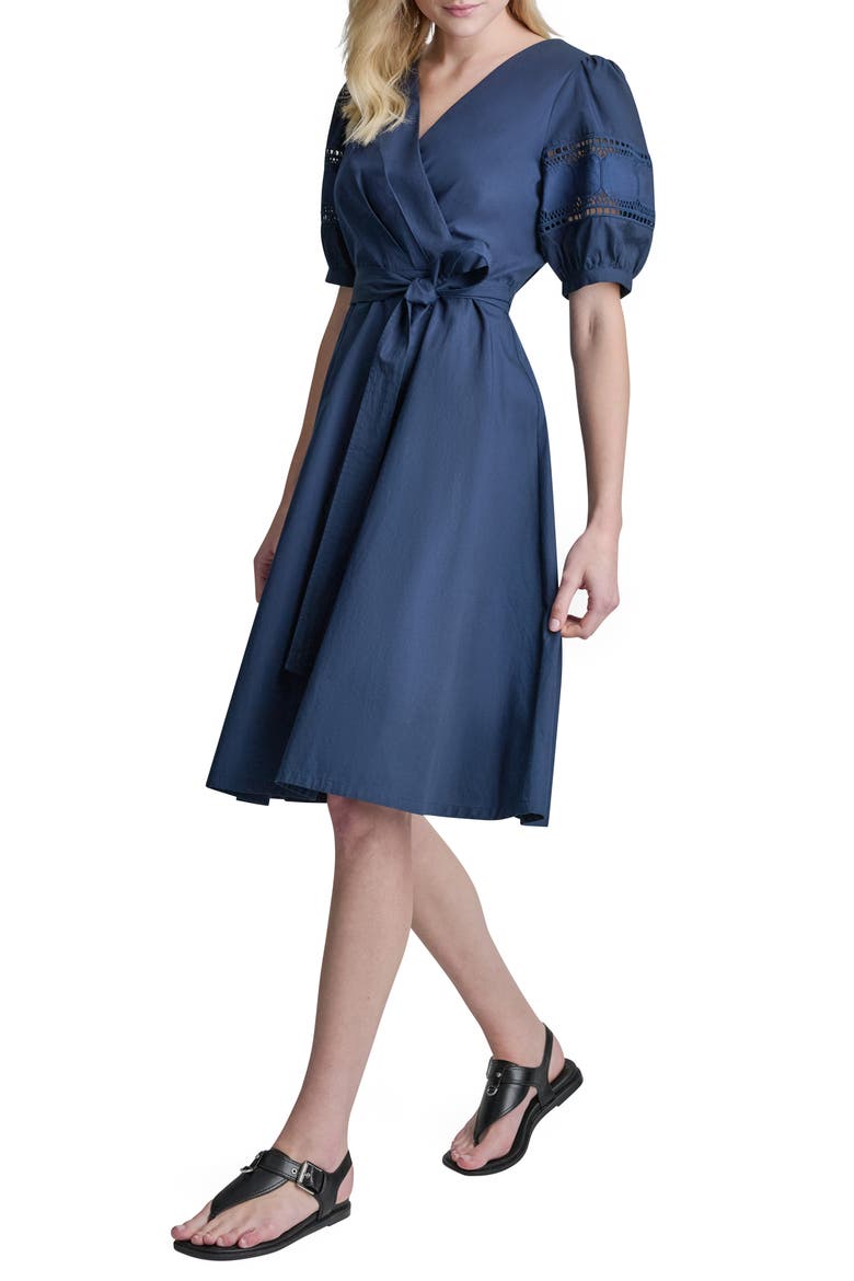 Lace Trim Faux Wrap Dress, Alternate, color, INDIGO