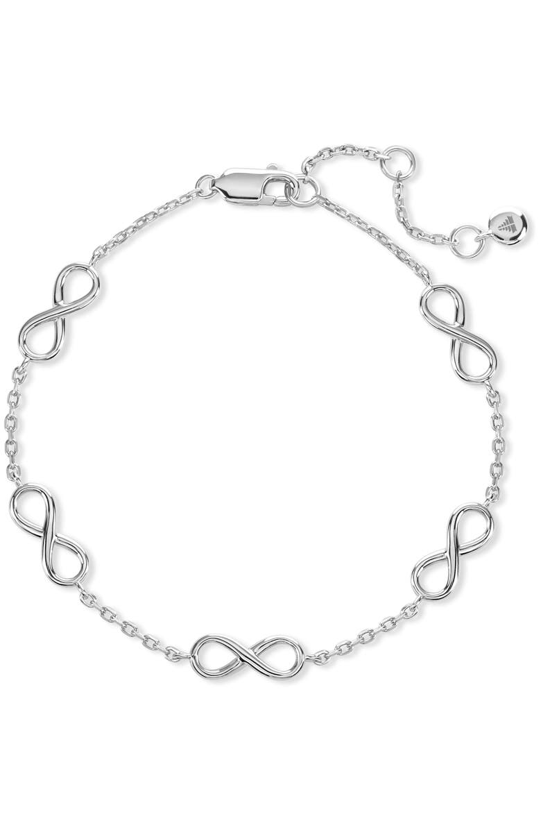 DEVATA Infinity Five-Charm Chain Bracelet in Rhodium Plated Sterling Silver, Main, color, Silver