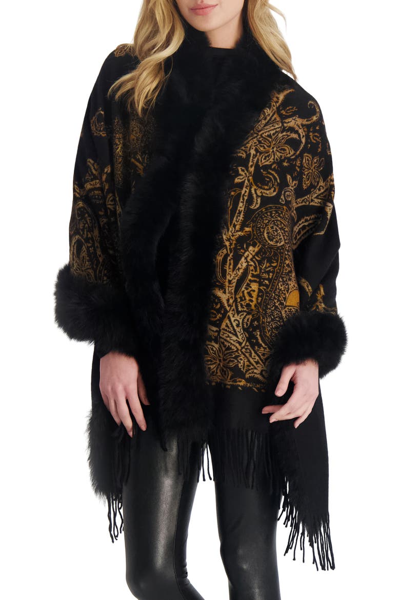 Double Face Cashmere Stole With Genuine Shearling Trim, Main, color, BLACK GOLD PAISLEY