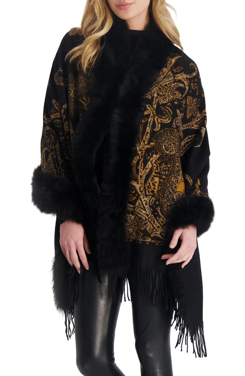GORSKI Double Face Cashmere Stole With Genuine Shearling Trim, Main, color, Black Gold Paisley