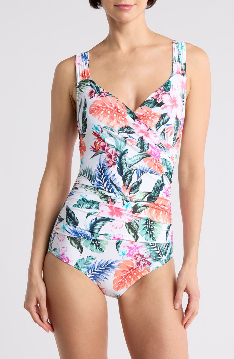 JANTZEN Surplice One Piece Swimsuit, Main, color, Multi